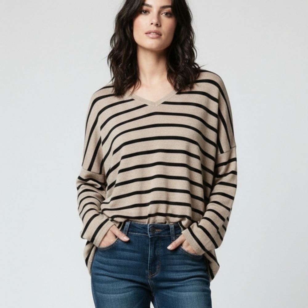 Oversized Long Sleeve Tee V-Neck & V-Back Women's Medium Black Stripes on Tan